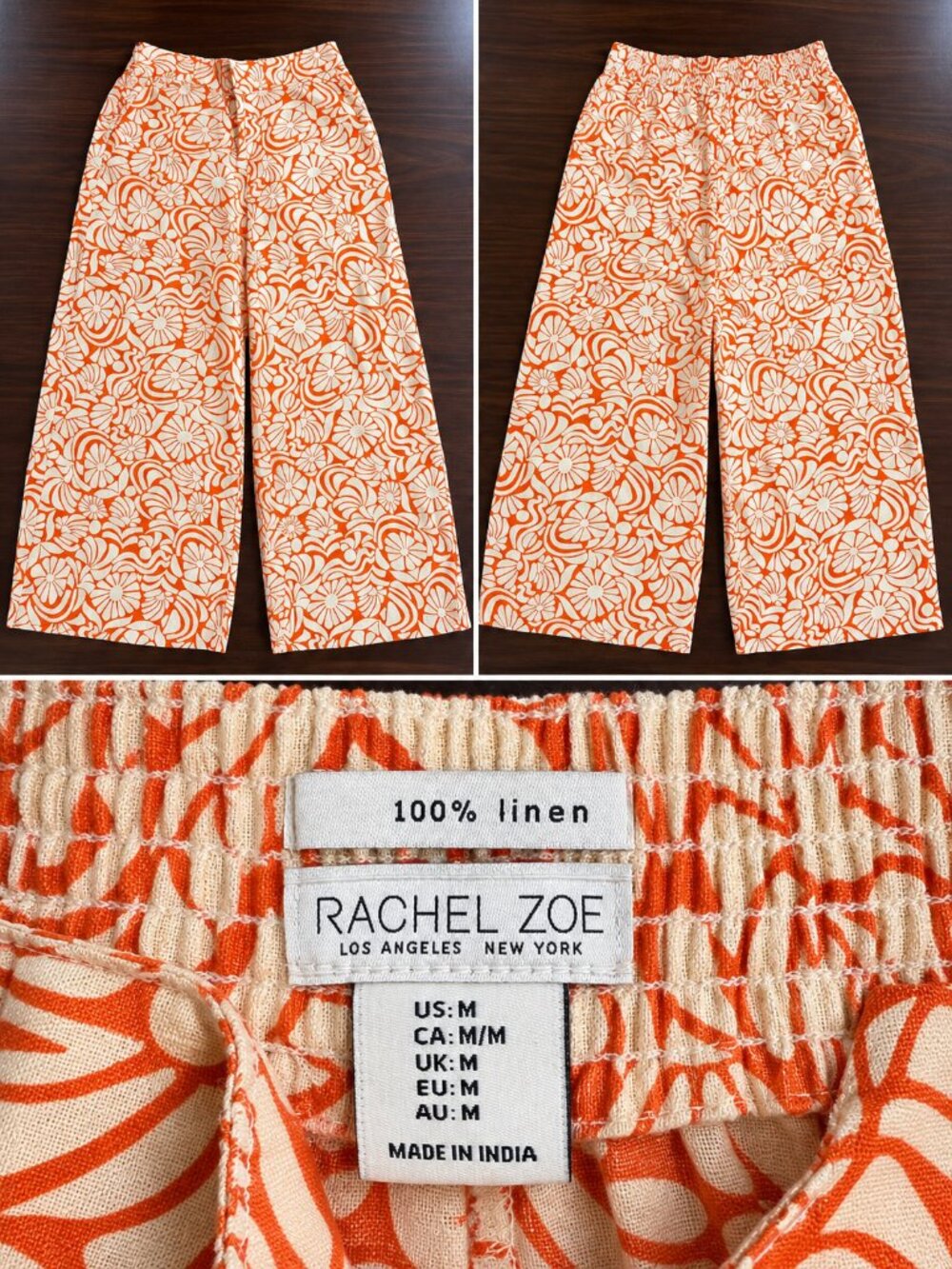Rachel Zoe Orange & Cream Floral Linen Wide-Leg Cropped Pants Size M